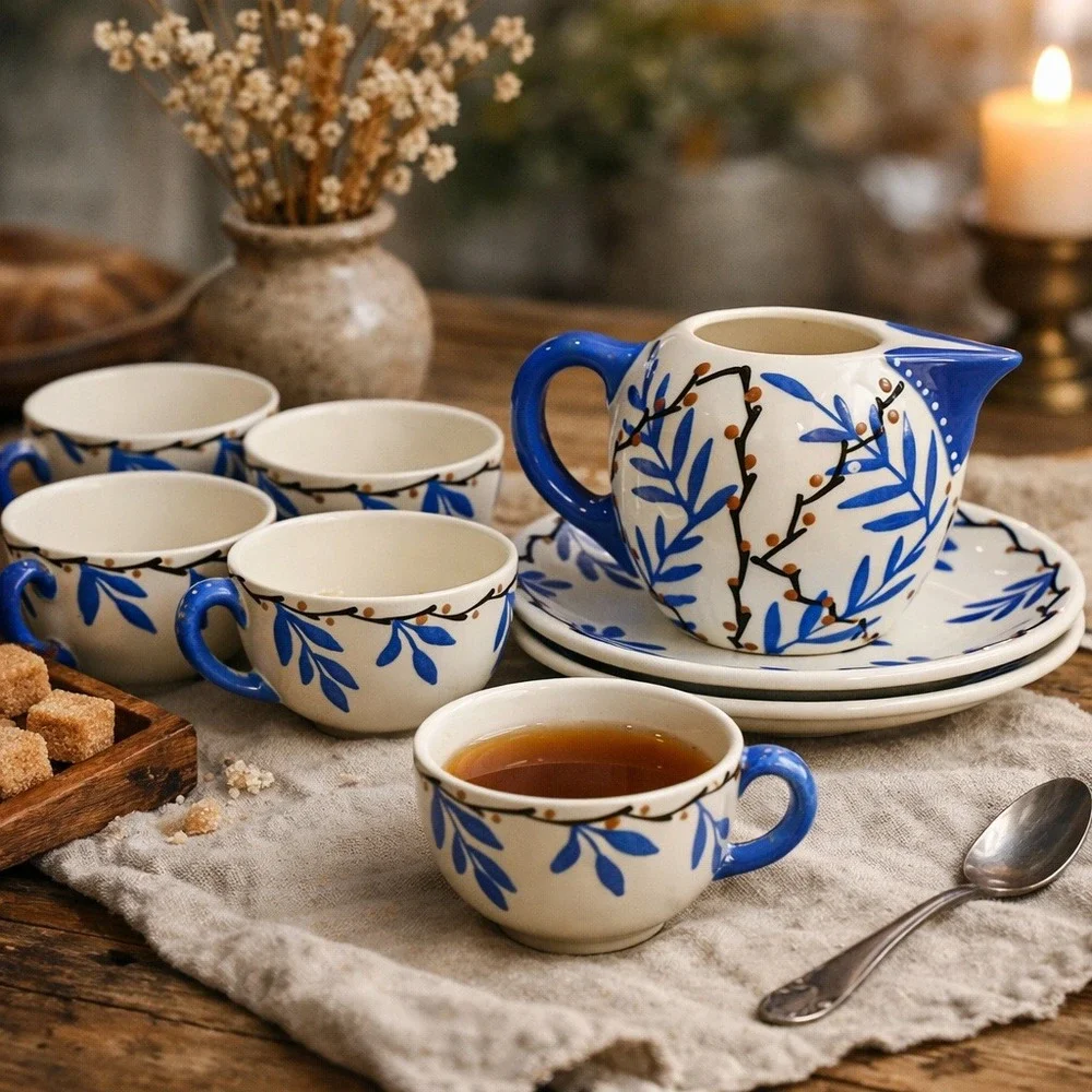 Vintage Hand Painted‎ Tea Set Blue White Creamer 4 Cups Saucers Floral Pottery